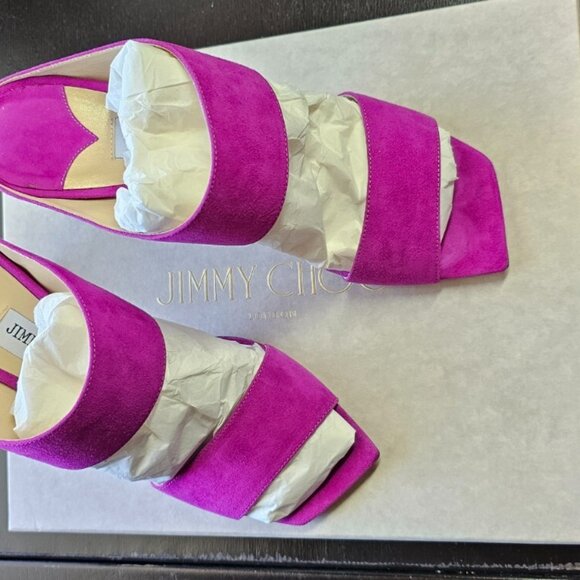 Jimmy Choo Hira Mule Sandals Magenta Suede Square Toe Stiletto Heels - Picture 2 of 16